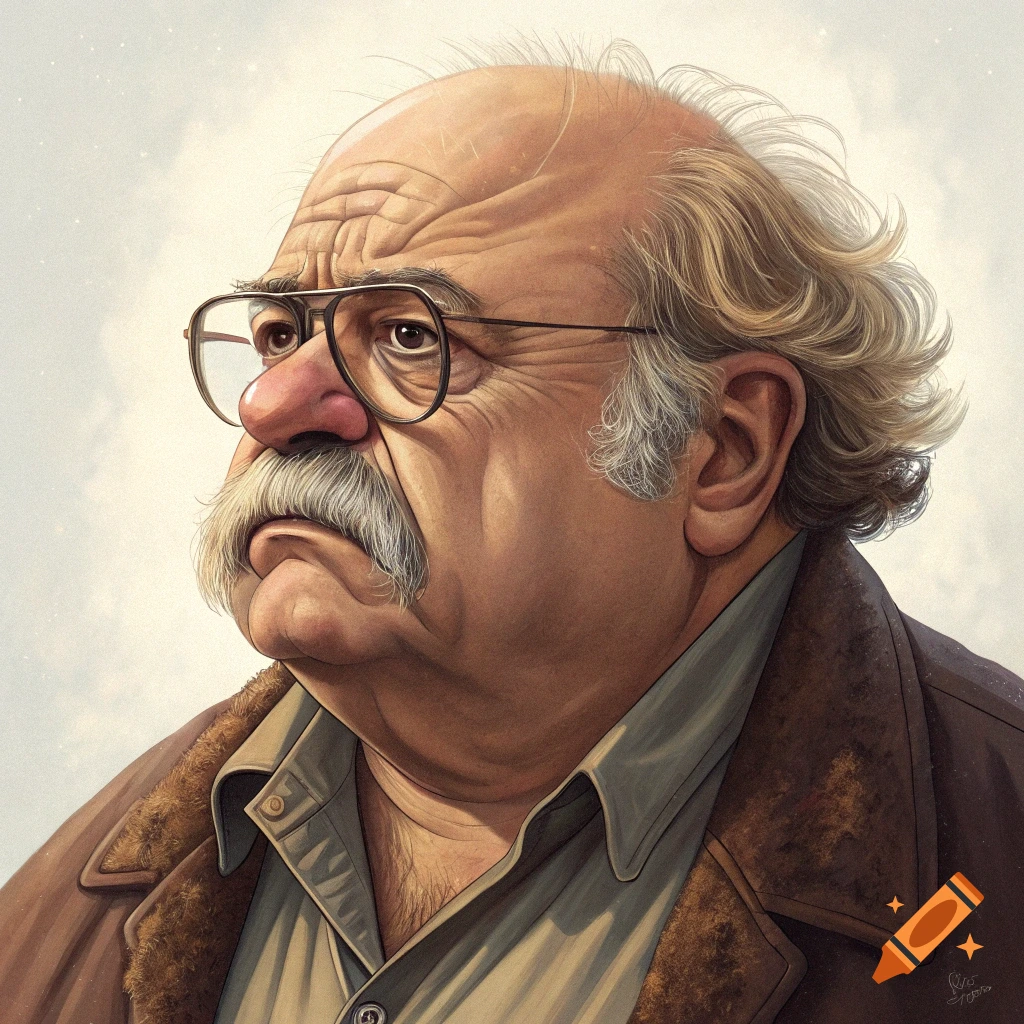 Detailed caricature portrait of a frowning, balding man with a thick mustache and glasses.