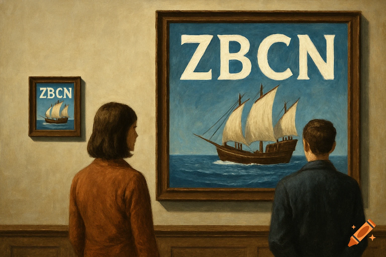 Two people view paintings in an art gallery; a large painting of a sailboat with 'ZBCN' is prominent, alongside a smaller version.