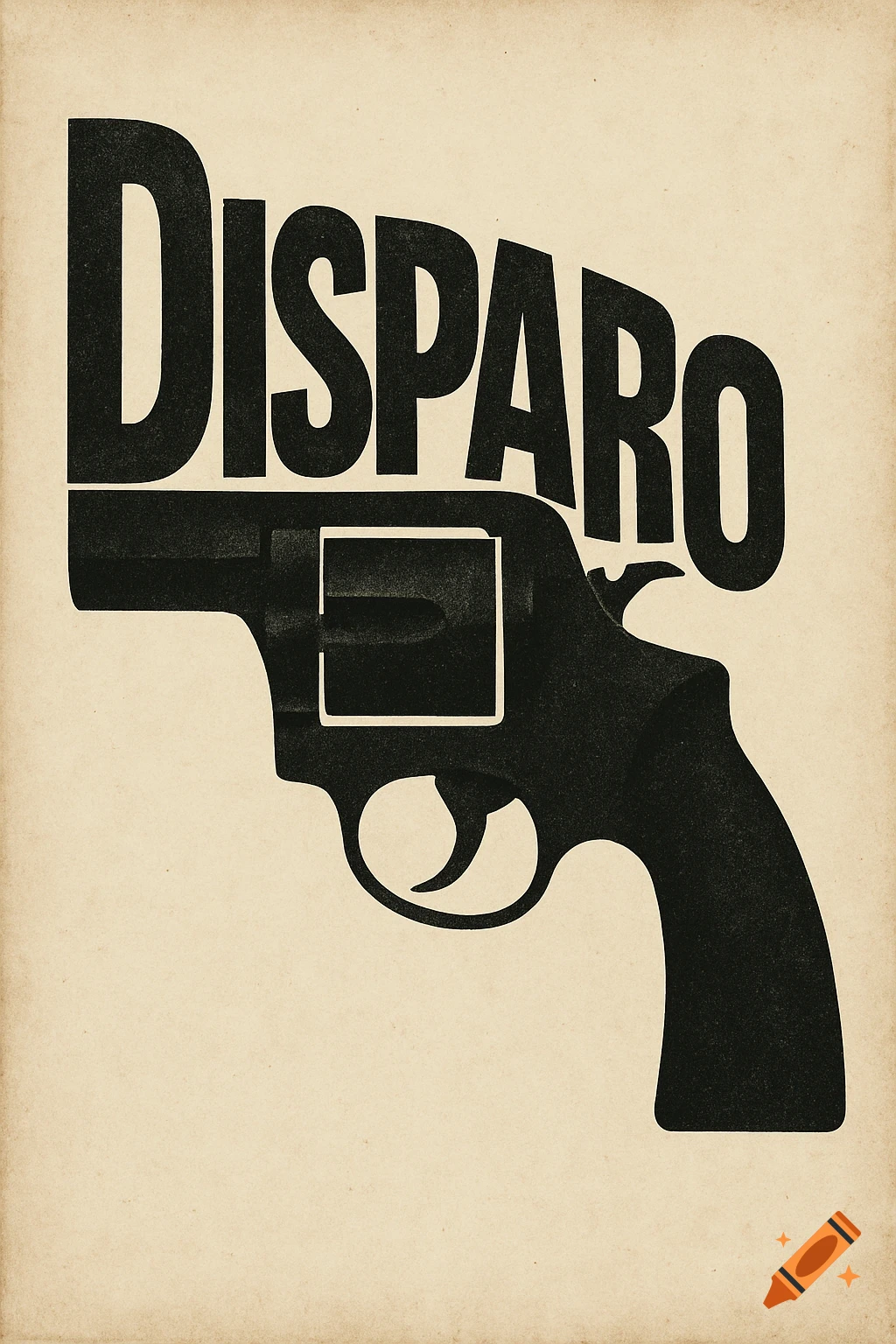 A black graphic silhouette of a revolver, formed by the word DISPARO on a textured beige background.