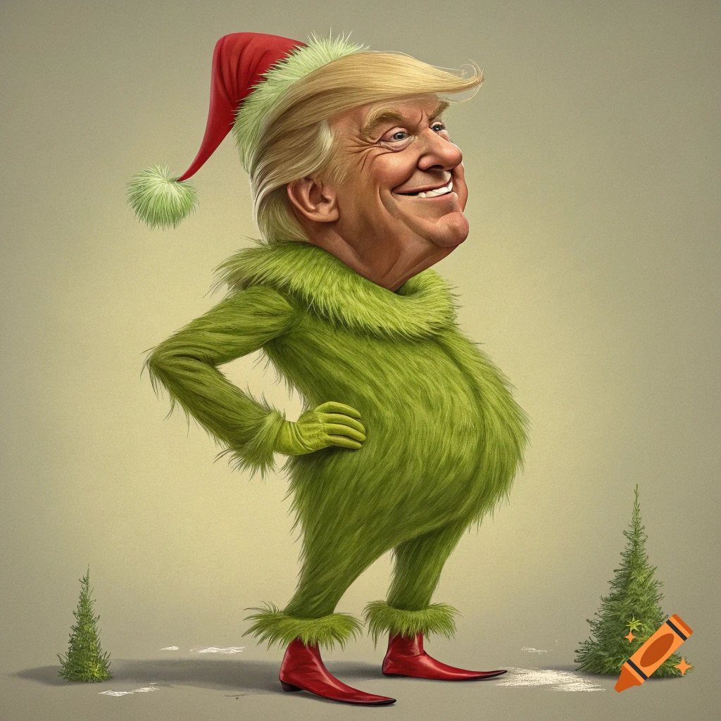 Caricature of Donald Trump dressed as the Grinch, standing between two small Christmas trees.