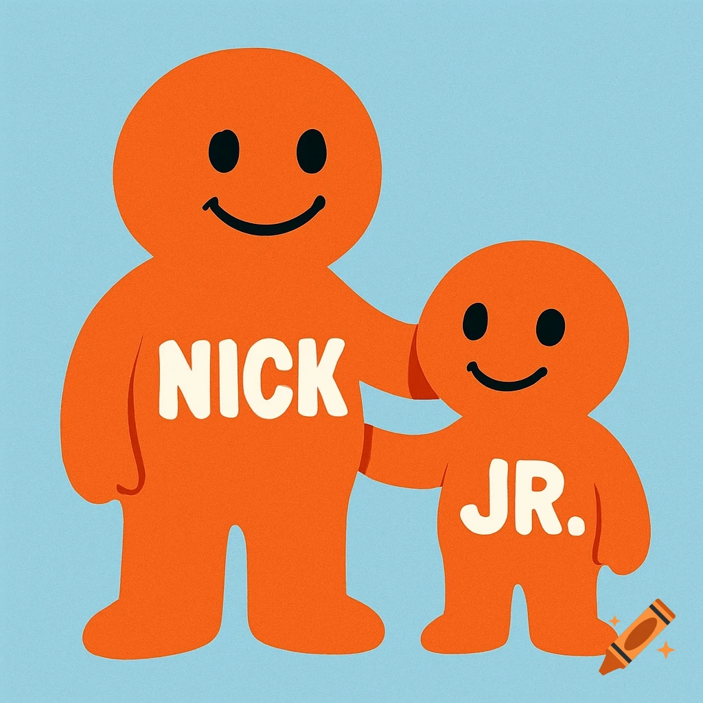 Two orange, cartoon, gingerbread-man-like mascots with smiley faces against a light blue background. The larger one says "NICK", and the smaller one says "JR."