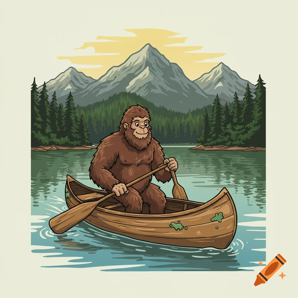 Cartoon Bigfoot paddling a canoe on a lake with mountains and forest in background.