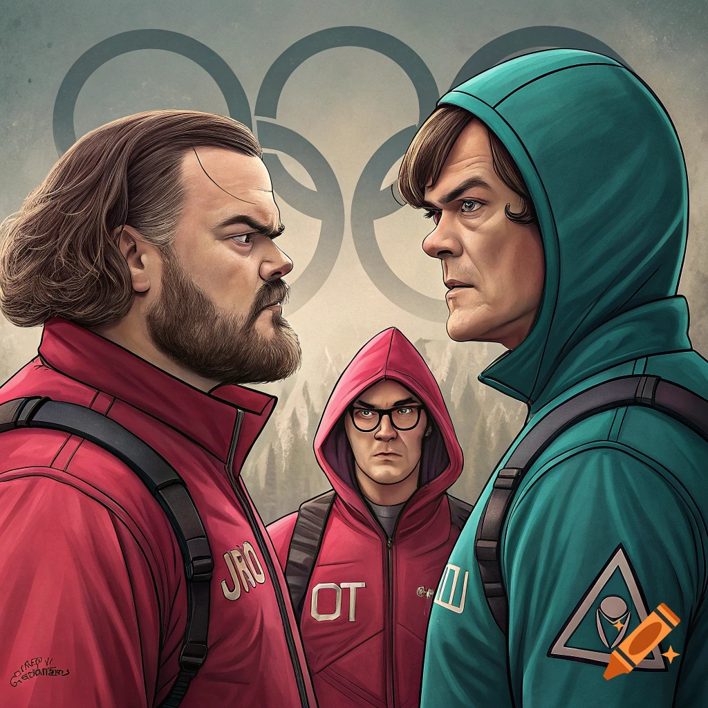 Illustrated image of three men in tracksuits, including one resembling Jack Black, facing each other with Olympic rings in the background.
