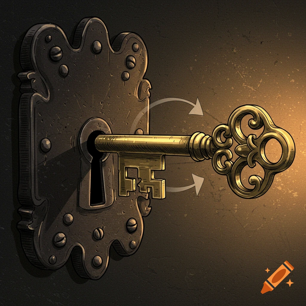 A golden Victorian key is inserted into a metal lock plate, with arrows indicating it turning to the right, in an illustrative style.