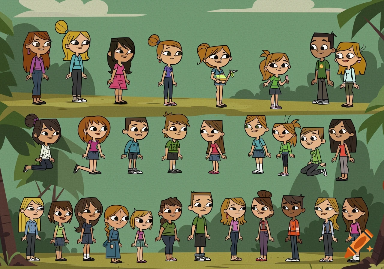 A large group of diverse cartoon children and teenagers in the style of Total Drama Island, standing on three levels against a green and brown background.