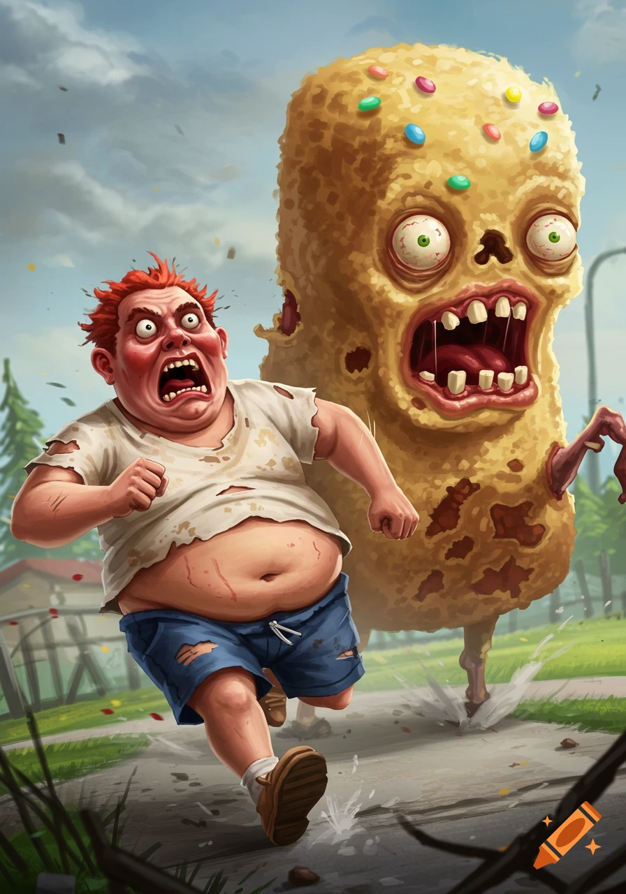 A cartoon man with red hair runs in terror from a giant, screaming zombie Twinkie creature.