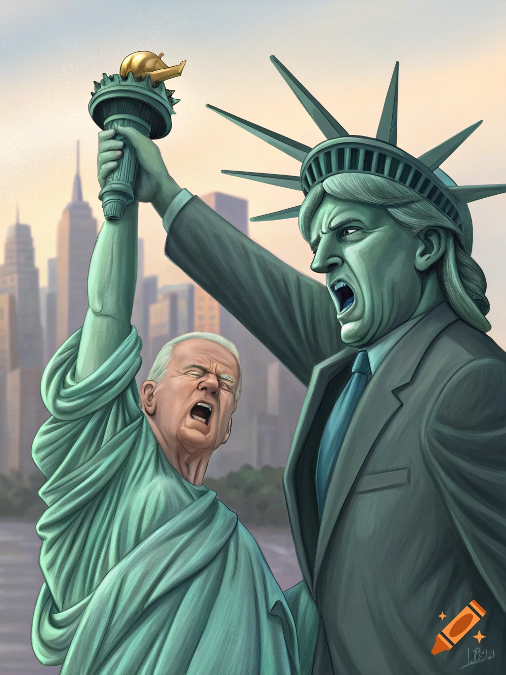 Political caricature of Statue of Liberty with Trump's face angrily confronting a screaming Joe Biden, against a city skyline.