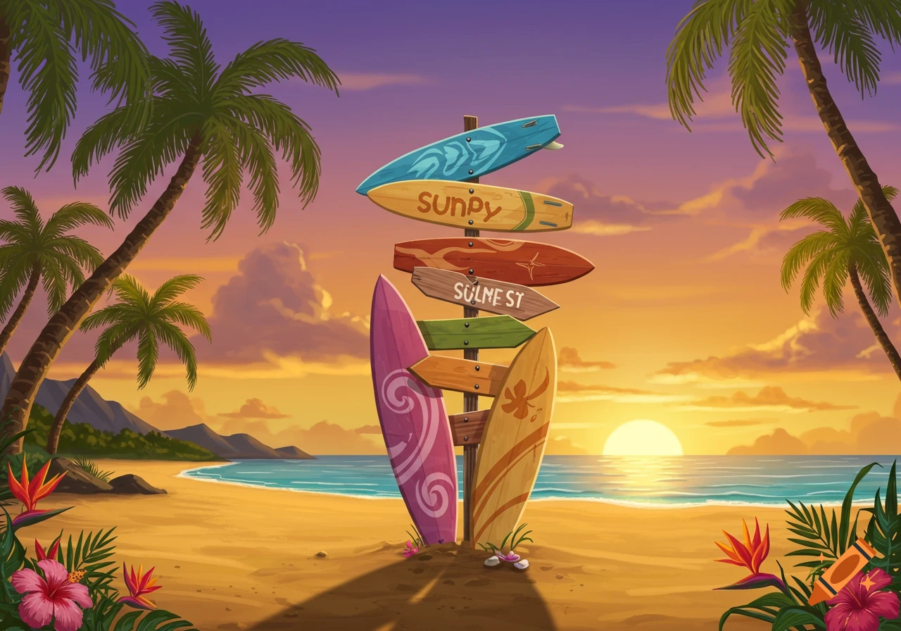 A vibrant sunset beach scene with palm trees framing a signpost made of colorful surfboards on the sand.