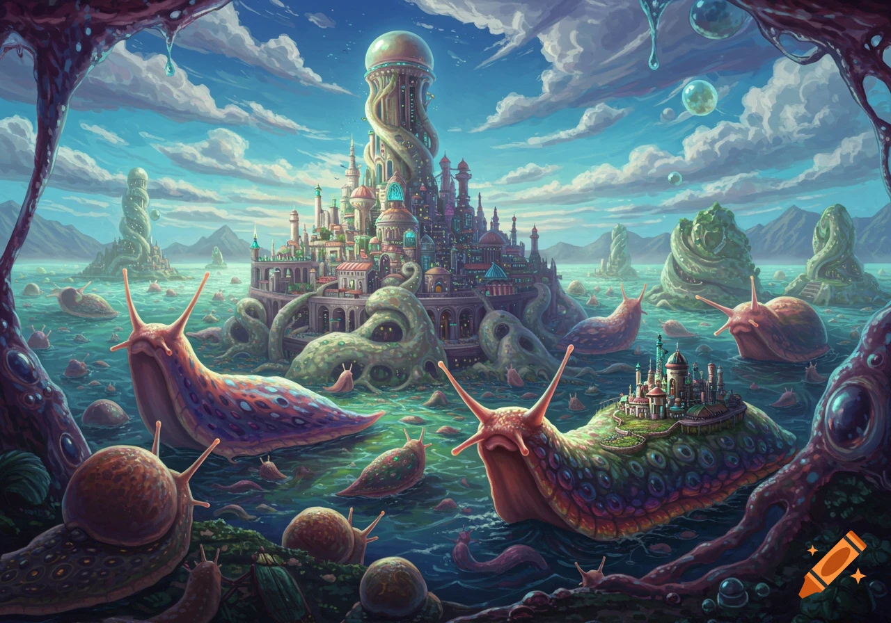 A vibrant fantasy landscape shows a sprawling city built on a giant slug-like creature, surrounded by many smaller slugs in a body of water under a cloudy sky.
