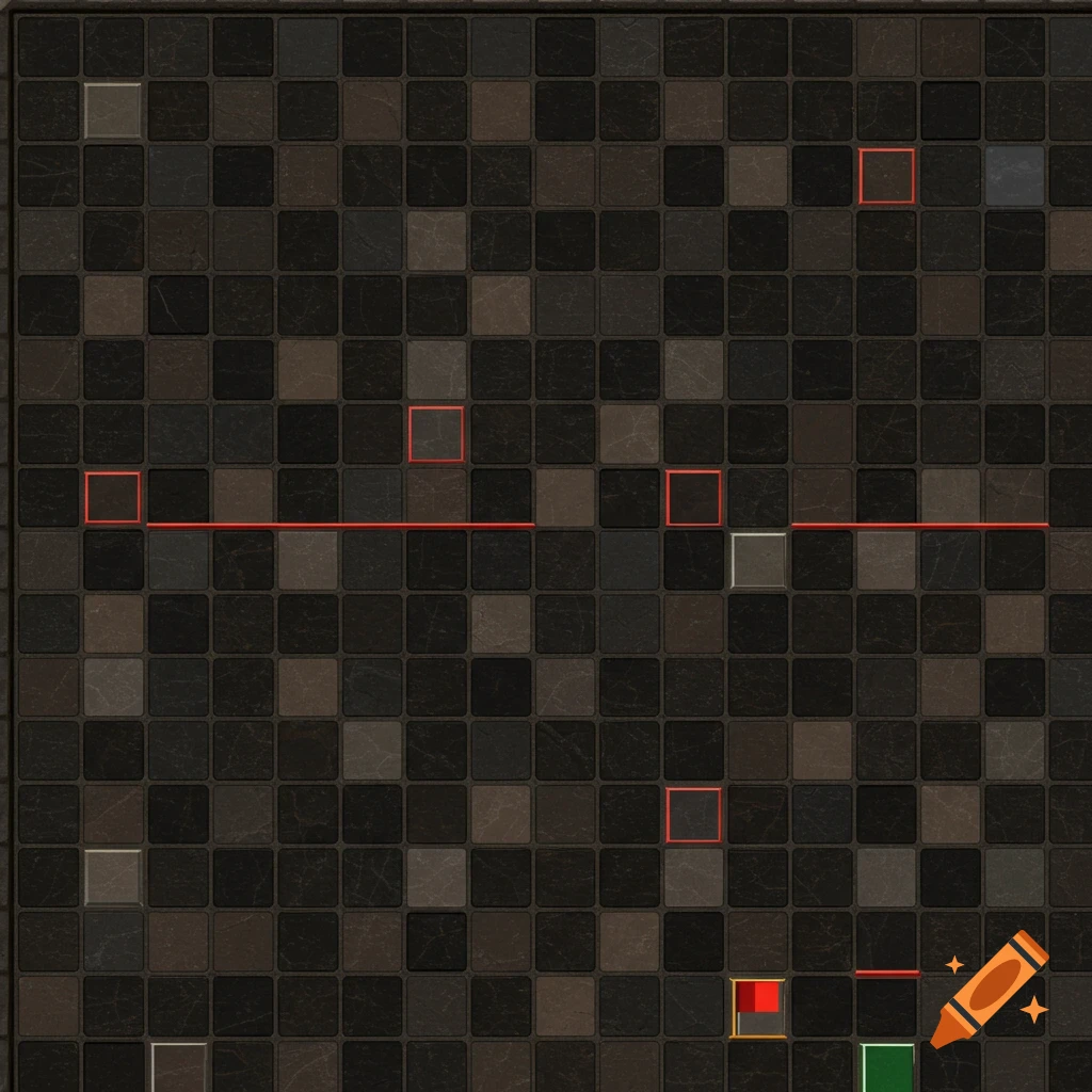 A top-down view of a dark and light checkered game board grid, with some squares outlined in red and some filled with red or green.