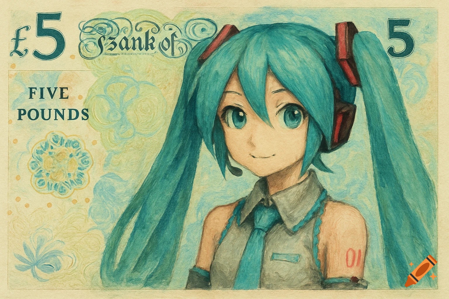An anime character, Hatsune Miku, depicted in a watercolor style on a British five-pound banknote.