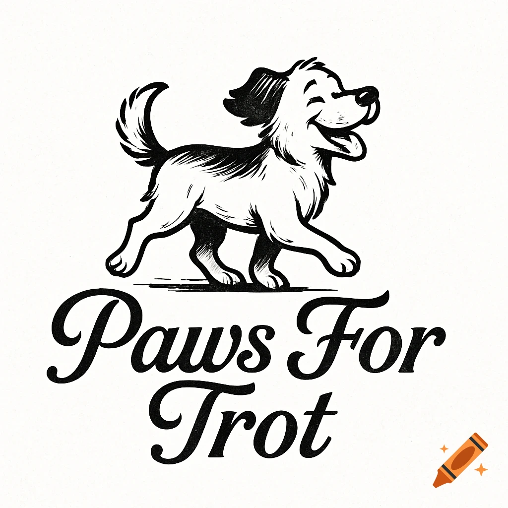 Black and white logo of a happy dog walking above the text 'Paws For Trot'.