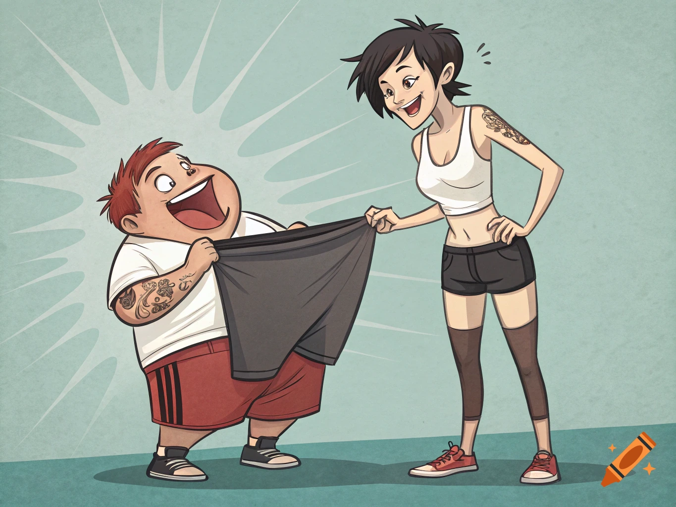 A happy man in athletic wear holds up an oversized pair of dark gray pants while a smiling woman with short dark hair and tattoos looks on.