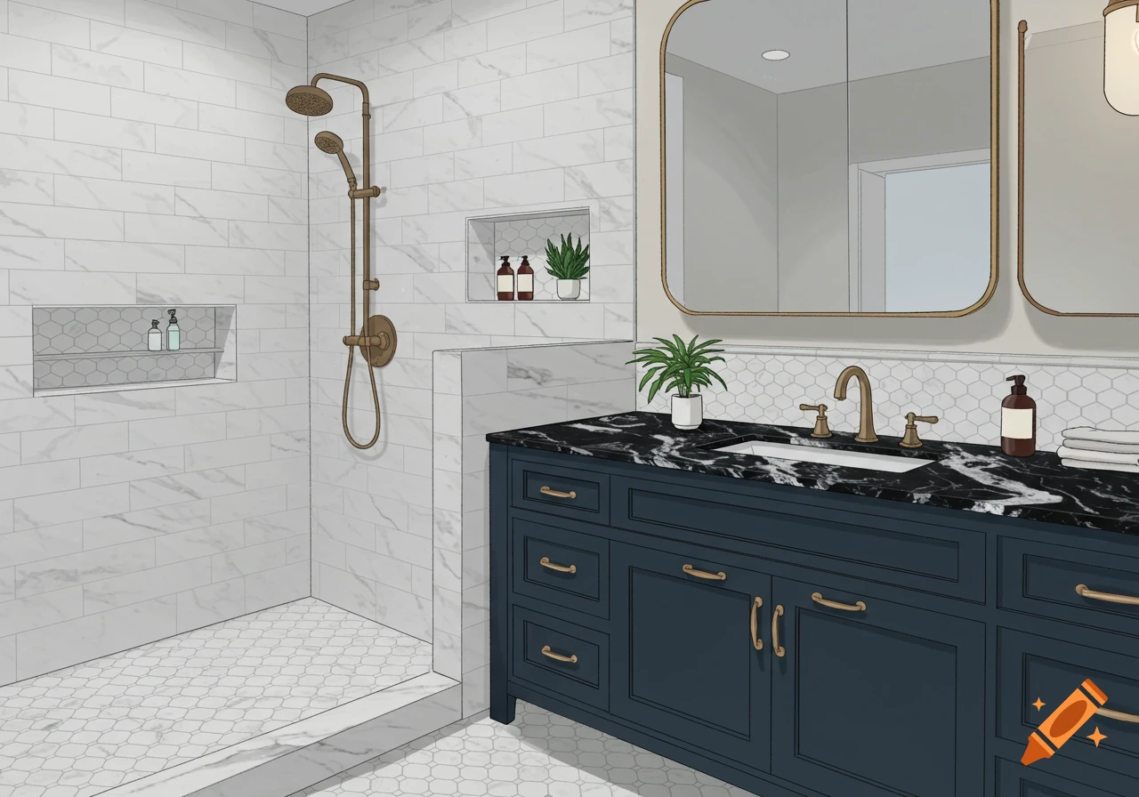 A modern bathroom illustration featuring a dark blue vanity with a black and white marble top, a white tiled shower, and gold fixtures.