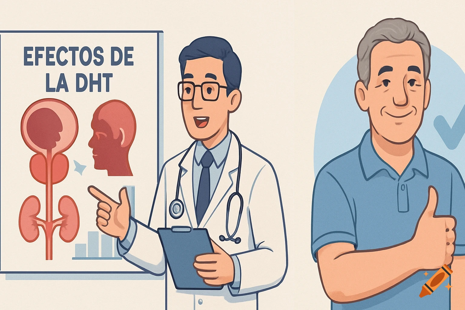 An illustration of a doctor explaining DHT effects on a chart to a smiling man giving a thumbs up. Includes illustrations of prostate and kidneys.