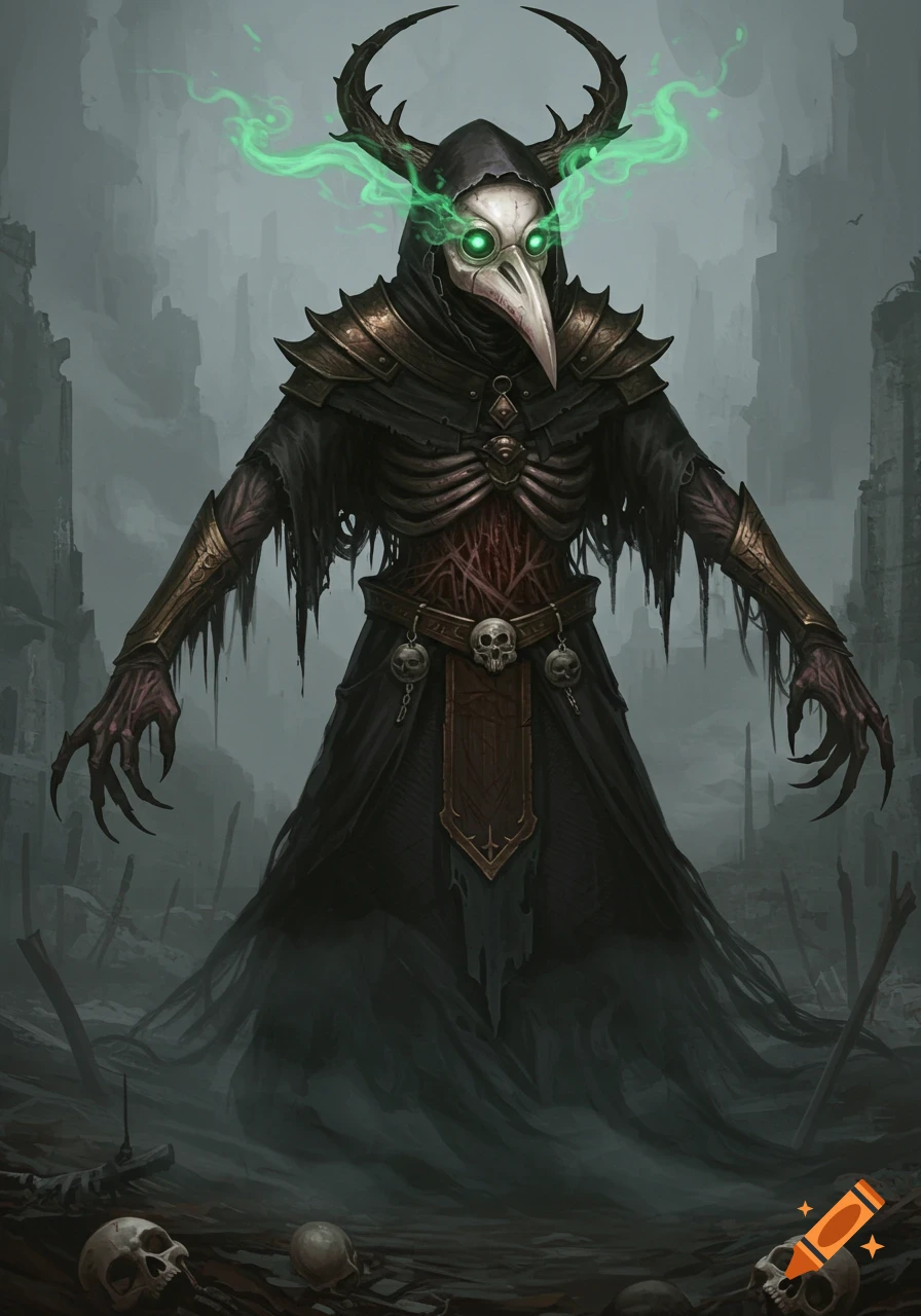Dark fantasy art of a horned plague doctor with glowing green eyes and exposed ribs, standing in a desolate, misty ruins among skulls.