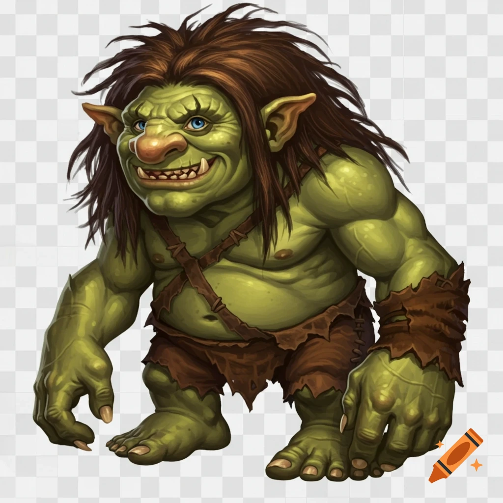 An illustration of a green troll with long brown hair, blue eyes, a large nose, and tusks, wearing ragged clothes.