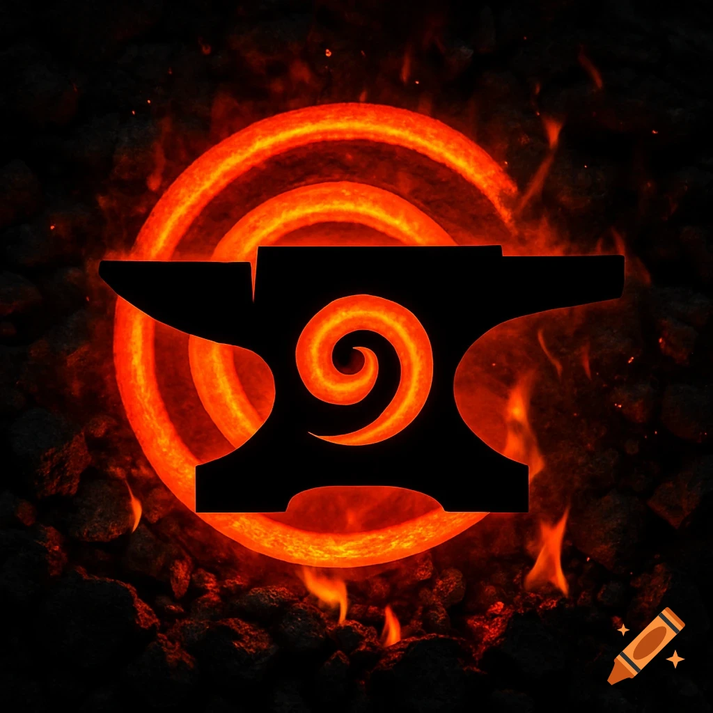 A black silhouette of a blacksmith's anvil overlaid on a glowing red-orange spiral, set against a dark coal bed with flames. Logo style.