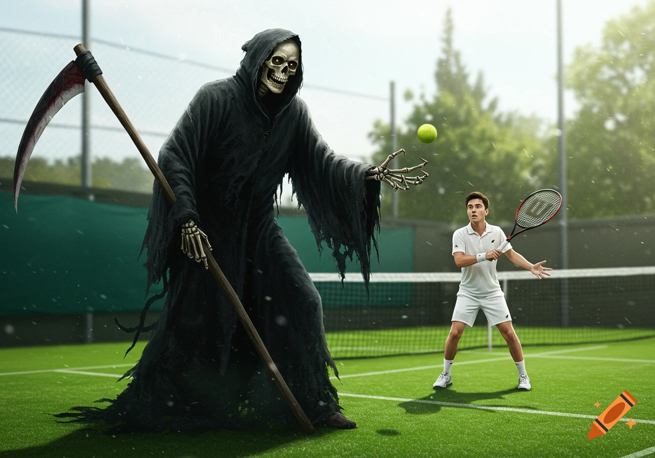 A giant grim reaper stands on a tennis court, holding a scythe, looking at a male tennis player ready to serve a ball.