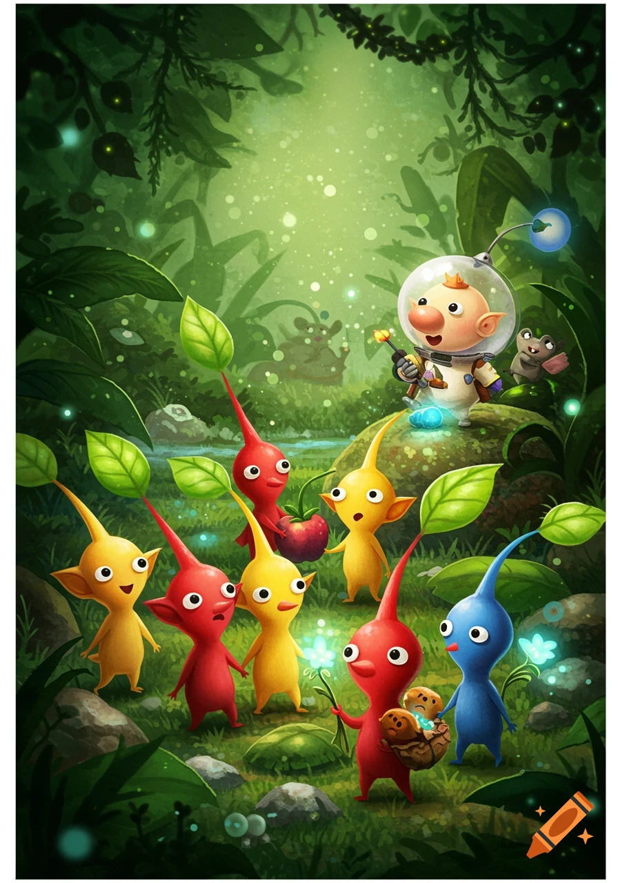 Captain Olimar and colorful Pikmin stand in a vibrant, glowing jungle, in a charming cartoon illustration style.