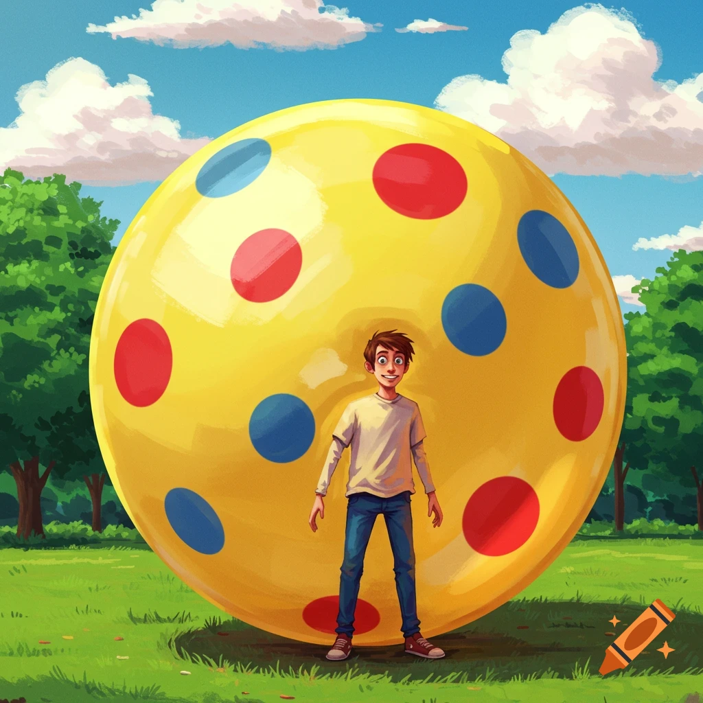 A cartoon illustration of a young boy standing in front of a giant yellow polka-dotted ball in a sunny park.