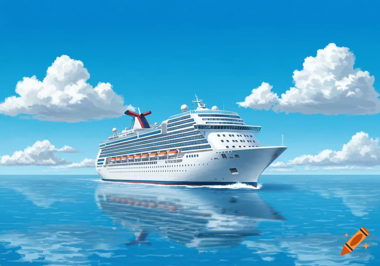 A large white cruise ship with a red and blue funnel sails on a calm blue ocean under a bright sky with white clouds in an illustrative style.