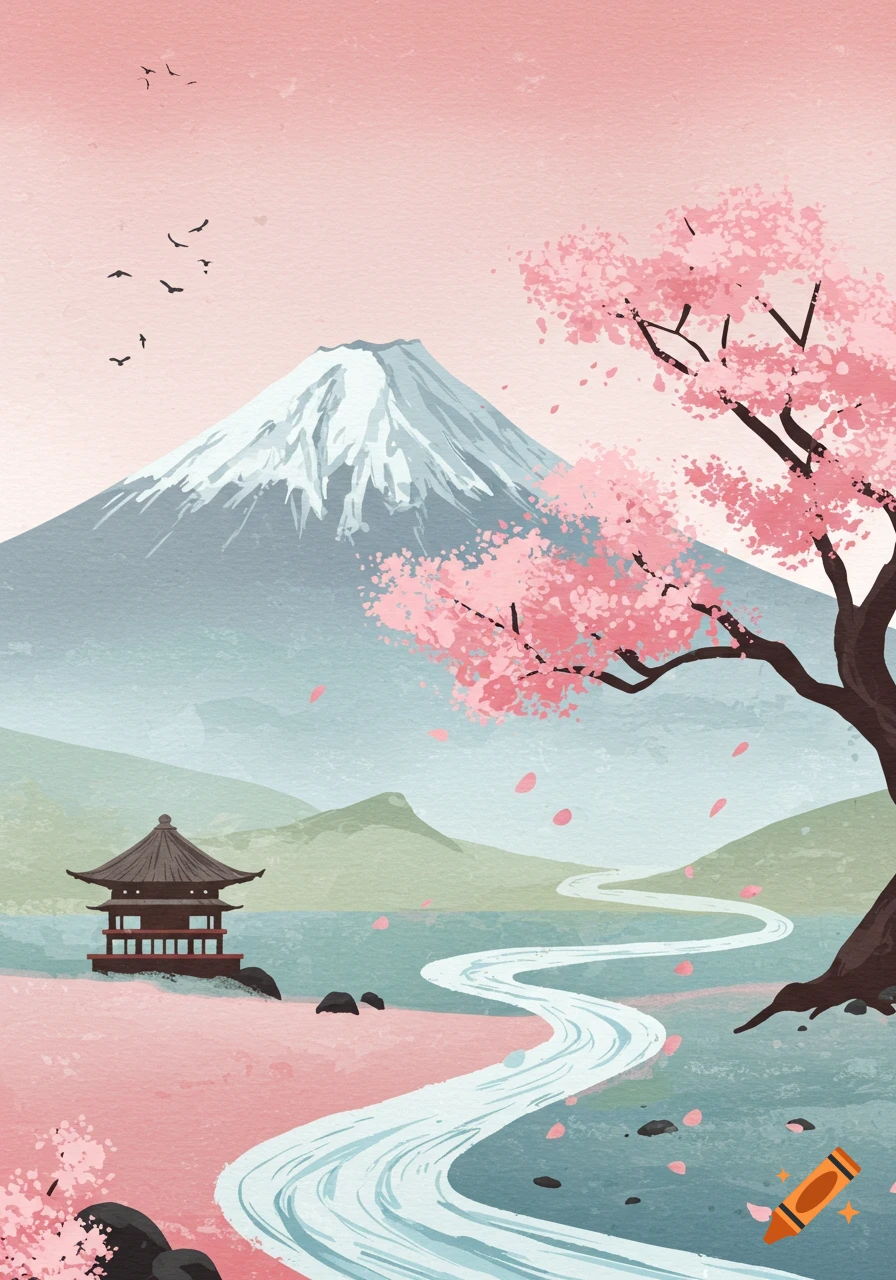 Stylized Japanese landscape with Mount Fuji, a pagoda, and cherry blossoms by a winding river in soft pastel colors.