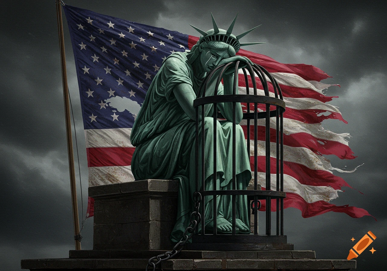 Distressed Lady Liberty sits in a cage, crying, with a torn American flag behind her under a dark sky.