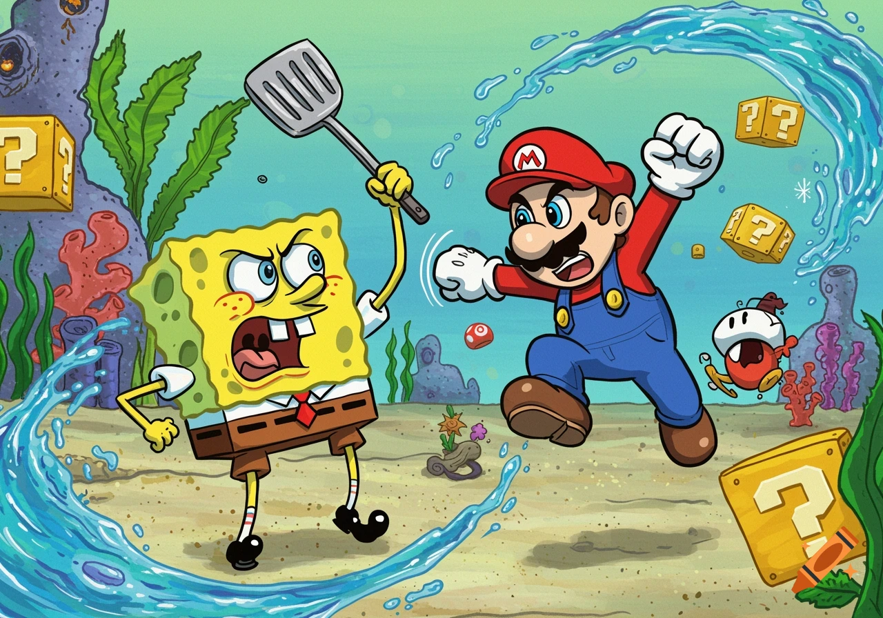 SpongeBob SquarePants holding a spatula faces off against Mario in a colorful underwater cartoon scene with question mark blocks.