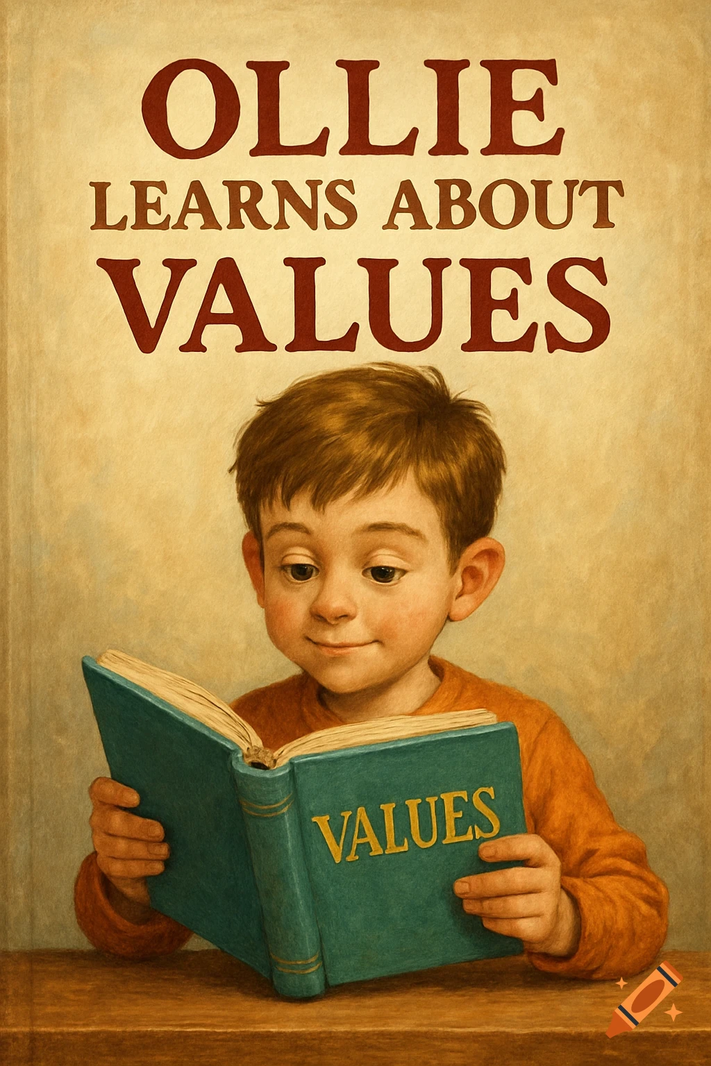 A young boy with brown hair smiles while holding an open teal book that reads 'VALUES'. Above him, the book cover's title is 'OLLIE LEARNS ABOUT VALUES'.
