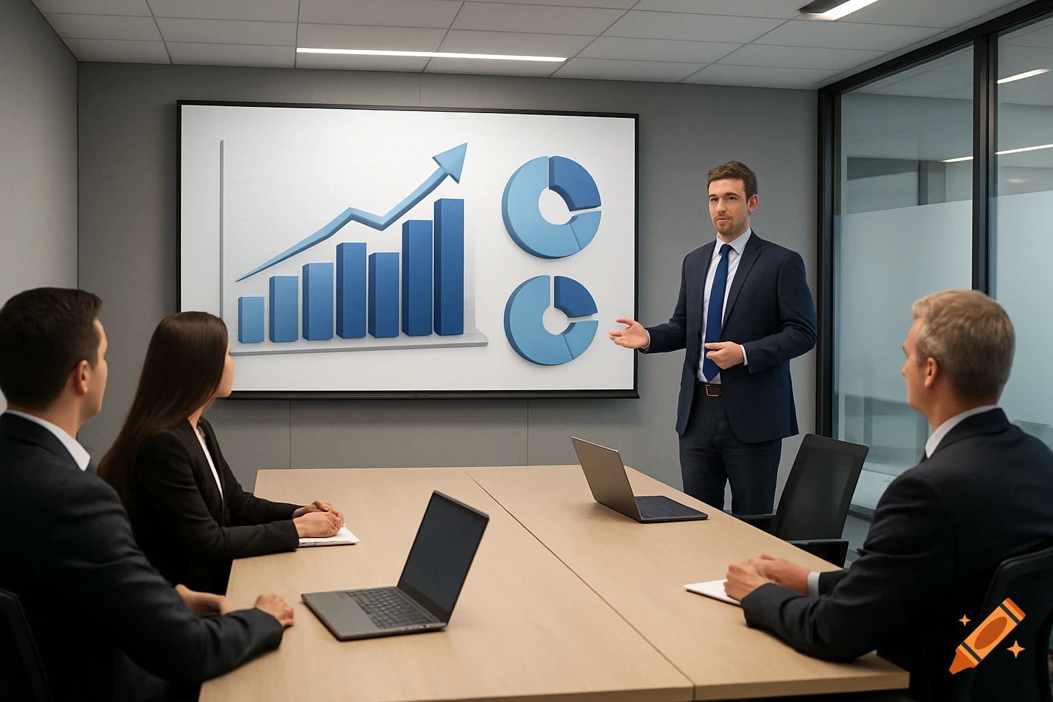 A man gives a presentation with charts to three people seated at a table in a modern corporate meeting room.