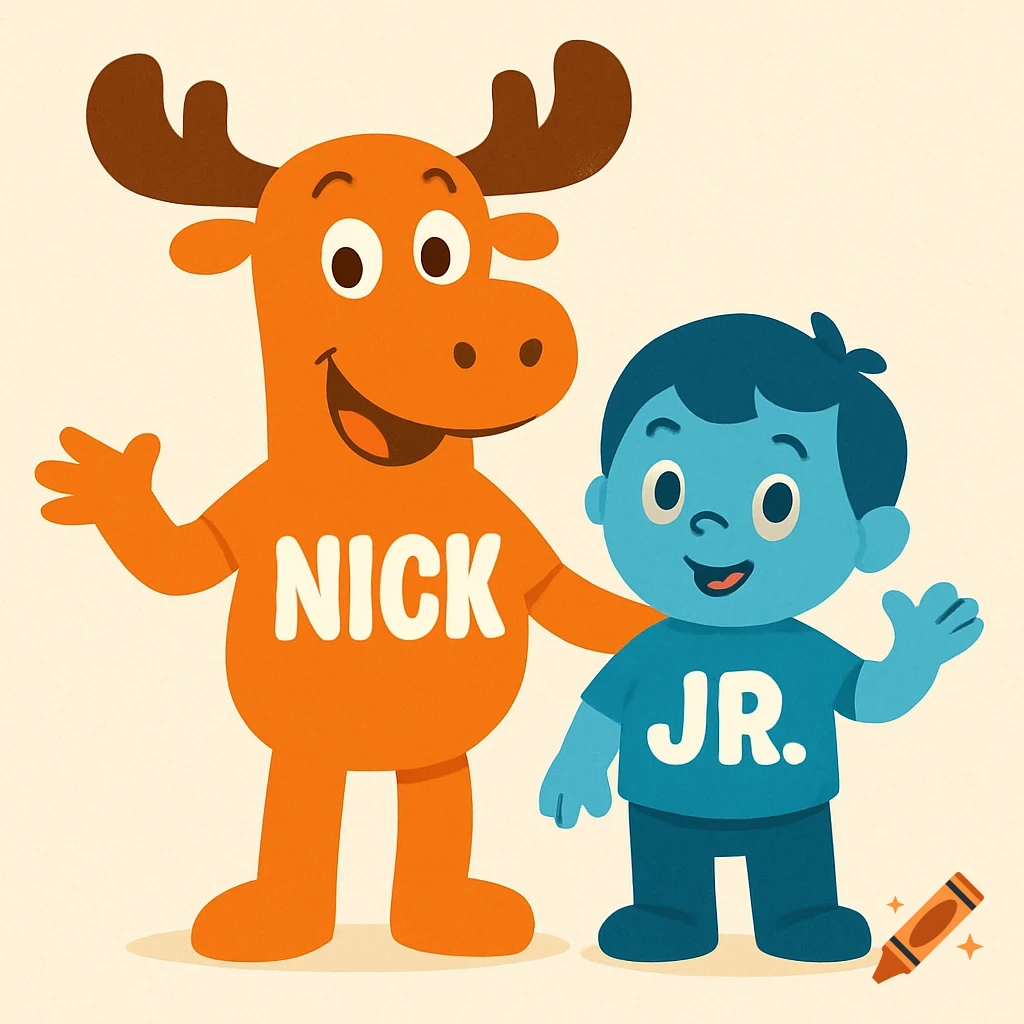 A cartoon orange moose-like mascot with "NICK" on its belly stands next to a blue boy mascot with "JR." on his shirt. Both are smiling and waving.