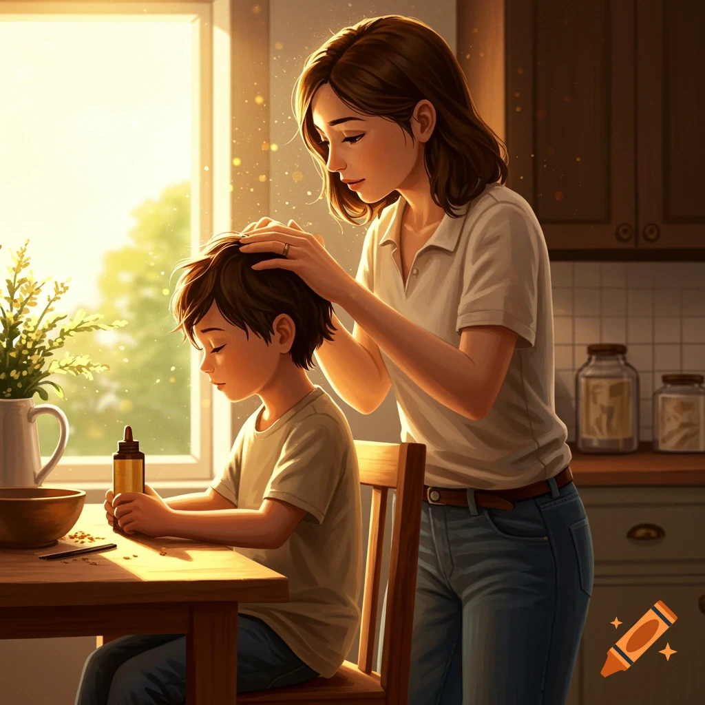 A mother gently applies oil to her son's hair in a sunlit kitchen, creating a warm domestic scene.