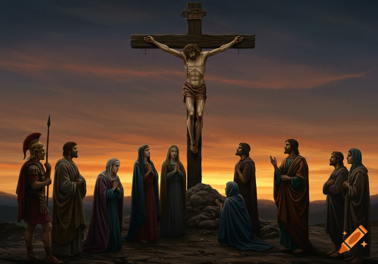 Jesus Christ on the cross at sunset, with Roman soldiers and followers gathered below.