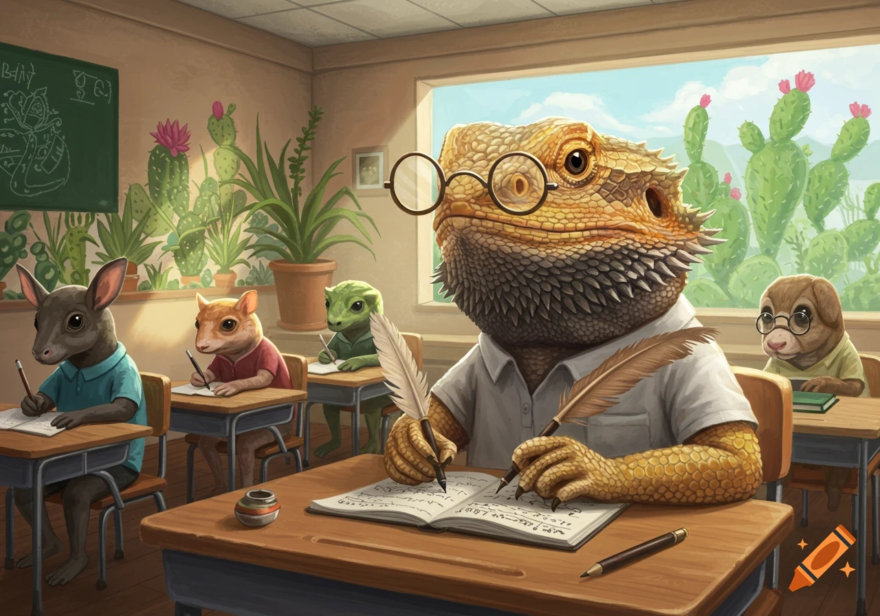 A bearded dragon wearing glasses writes in a notebook with a quill in a classroom filled with other anthropomorphic animal students.