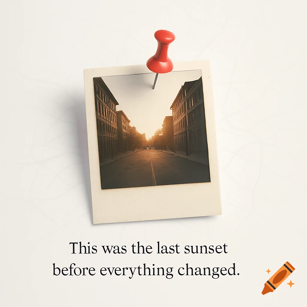 A red pushpin holds a vintage polaroid photo of a quiet city street at sunset. Text: This was the last sunset before everything changed.