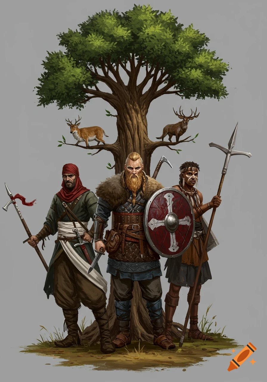 Digital painting of three diverse warriors (Middle Eastern, Viking, African) standing under a large tree with deer on its branches, against a gray background.