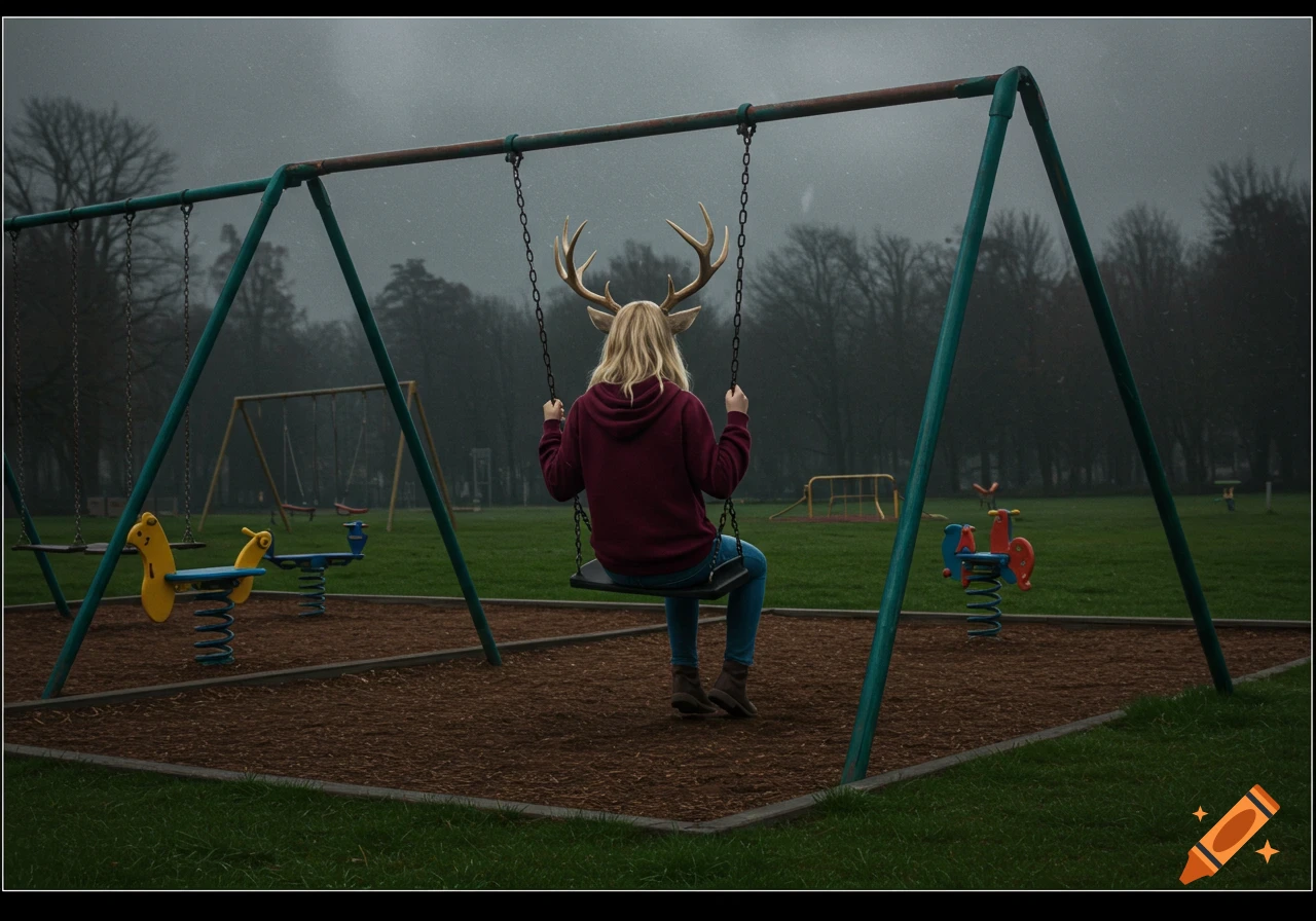 A woman with long blonde hair and antlers sits on a swing set in a gloomy park with a dark forest in the background.