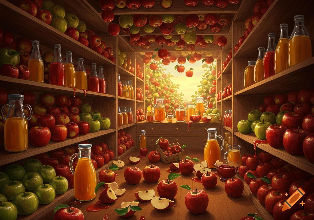 A rustic pantry overflowing with shelves of red and green apples and bottles of apple juice, with more apples scattered on the wooden floor.