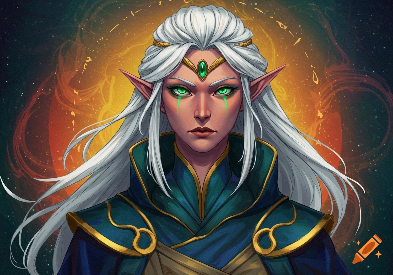 Close-up portrait of an elf with long white hair, glowing green eyes, and pointed ears, wearing a teal and gold robe against a mystical background.