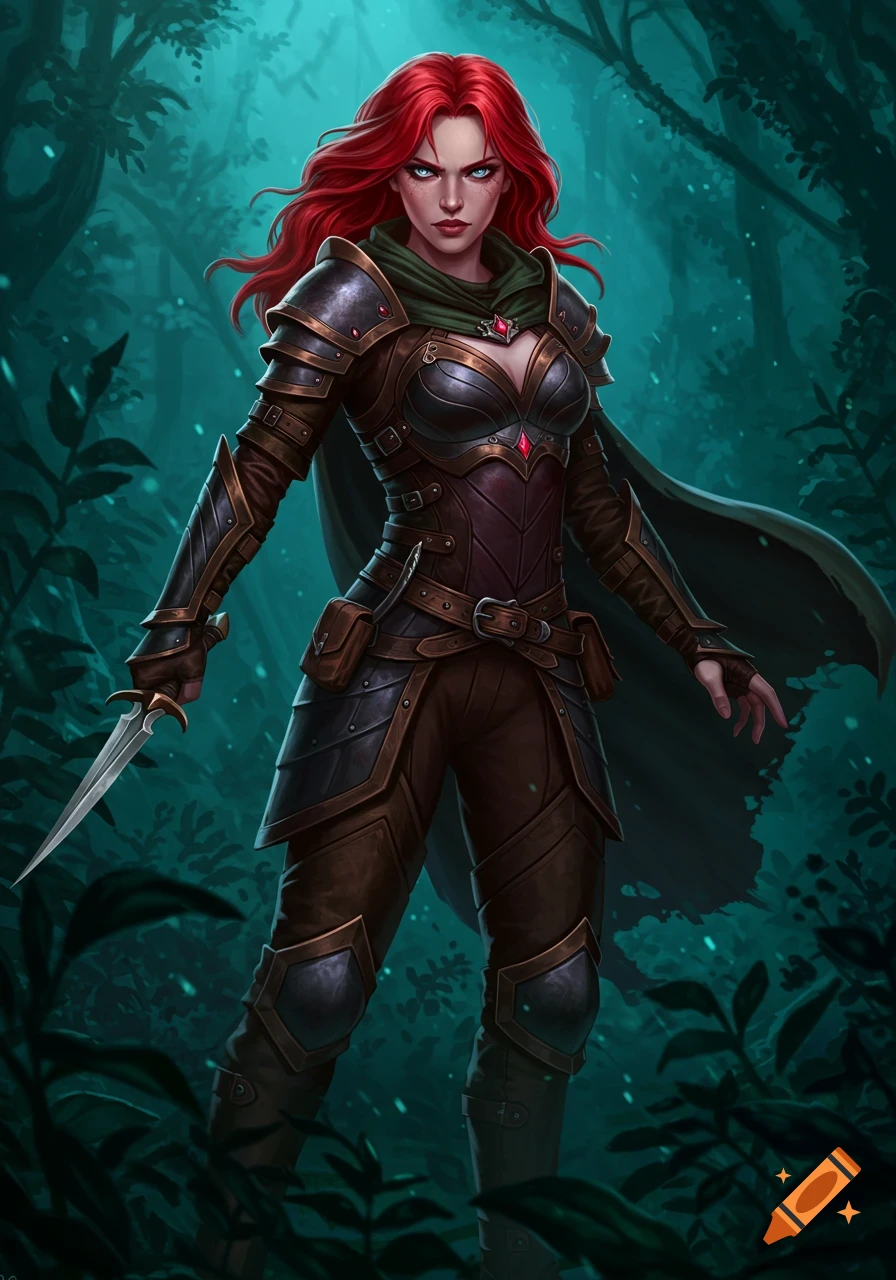 A female warrior with long red hair, dressed in dark armored clothing and a cape, stands in a mystical forest, holding a dagger.