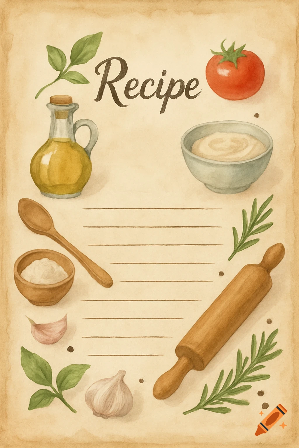 A watercolor illustration of a vintage recipe page with a tomato, olive oil, garlic, herbs, and cooking utensils.
