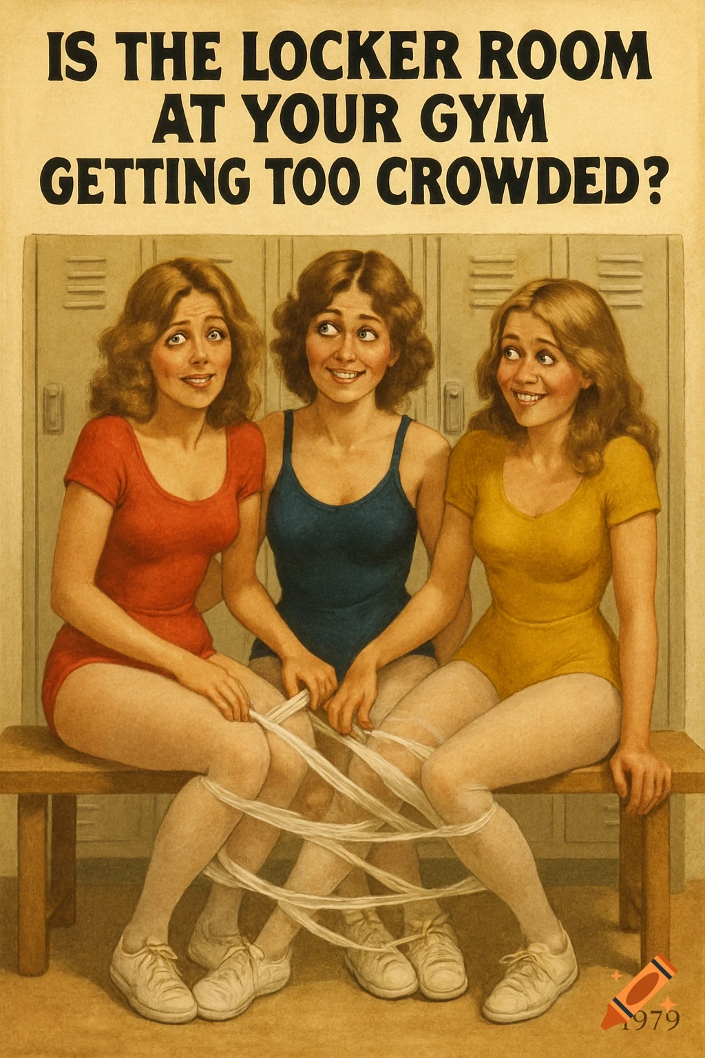 A vintage advertisement shows three women in red, blue, and yellow leotards sitting on a locker room bench, humorously tangled in white tights. Text: "IS THE LOCKER ROOM AT YOUR GYM GETTING TOO CROWDED?" Dated 1979.