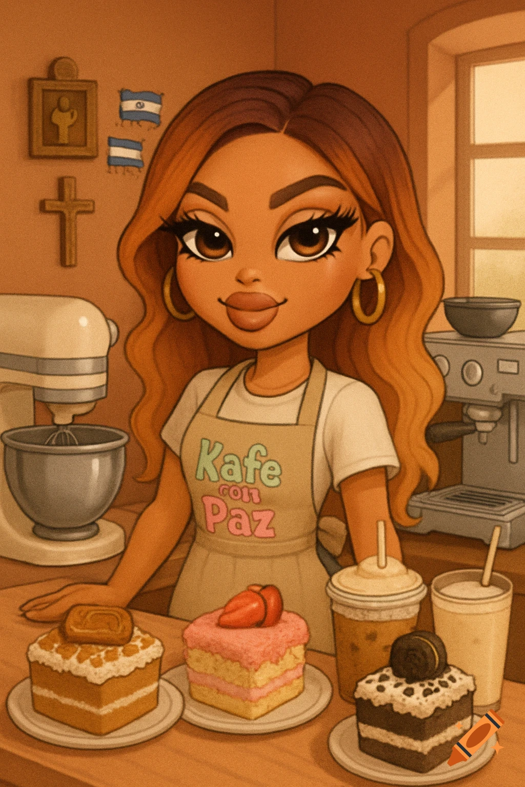 A Bratz-style cartoon of a Latina woman in an apron, standing behind a bakery counter with cakes and drinks.
