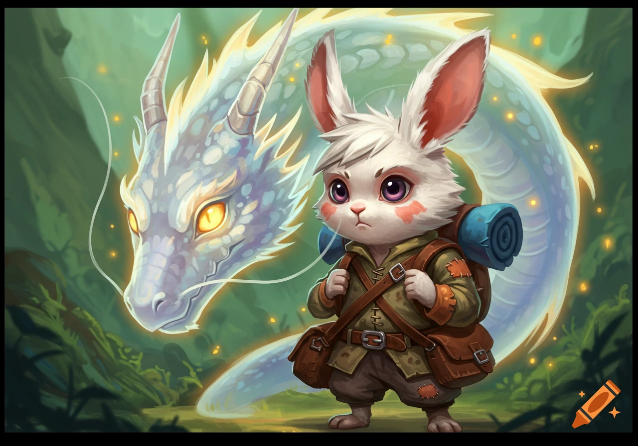A cute, white, rabbit-like humanoid traveler with a backpack stands in a forest with a luminous, ethereal white dragon behind it.