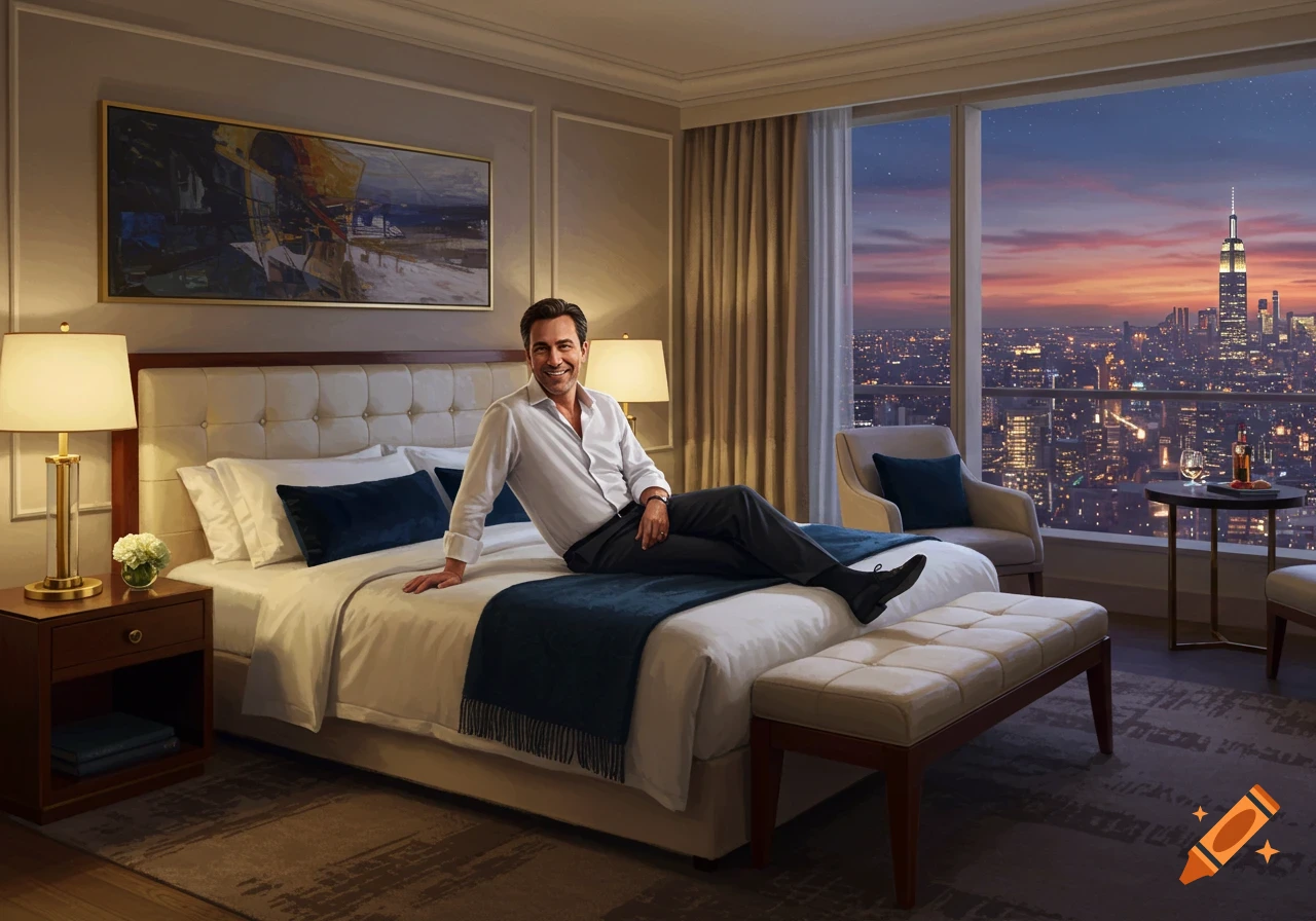Smiling man in a white shirt sits on a bed in a luxurious hotel room with a city view at dusk.