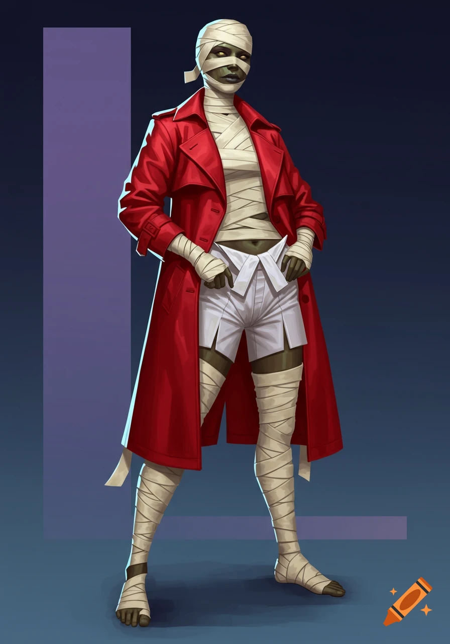 A female mummy with green skin, wrapped in bandages, wears a red trench coat and white shorts, standing with hands on hips.