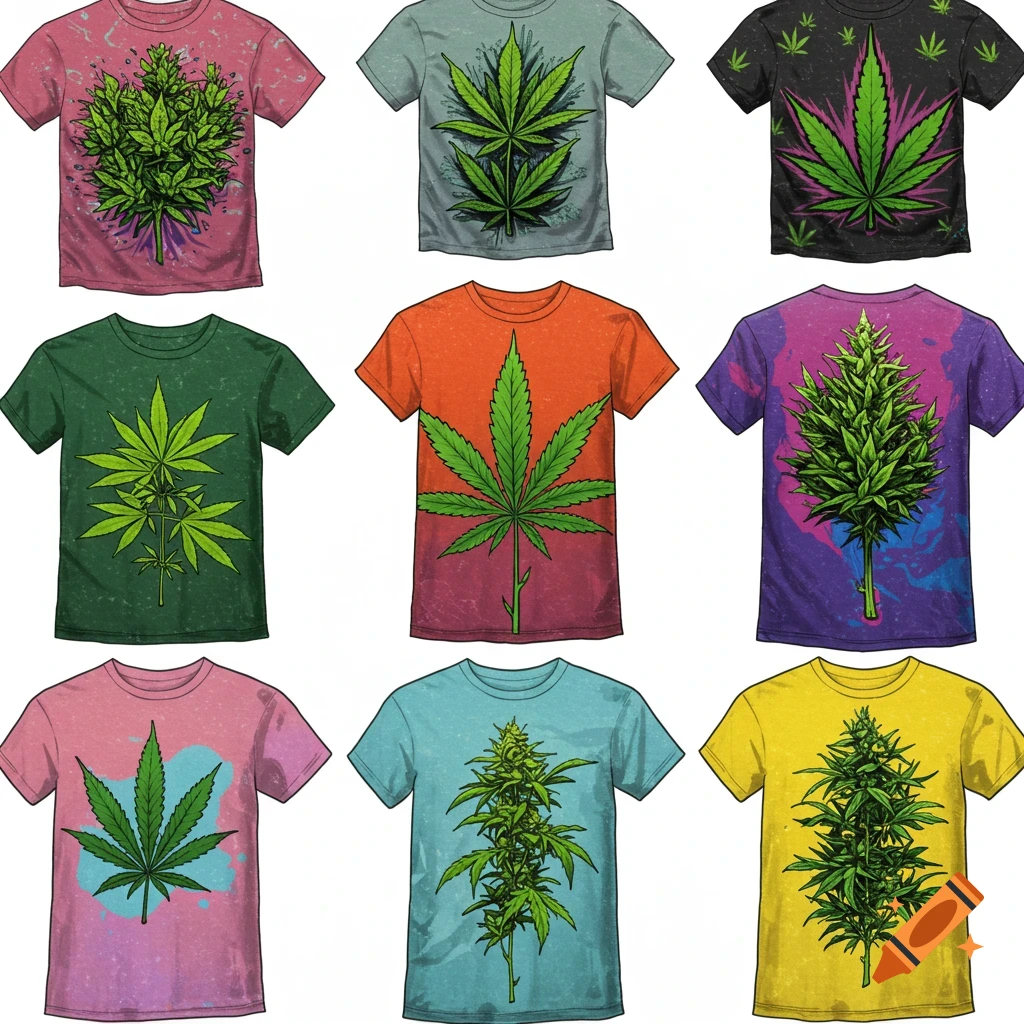A grid of nine different colorful t-shirts, each featuring a unique stylized illustration of a cannabis plant or leaf.