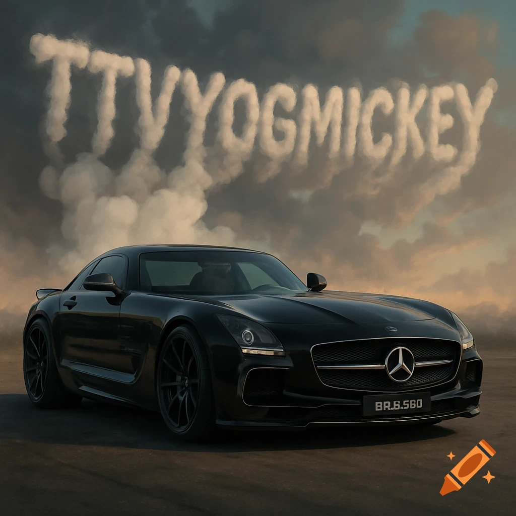A sleek black Mercedes-Benz sports car with 'TTVYOGMICKEY' spelled out in smoke trails against a dramatic sky.