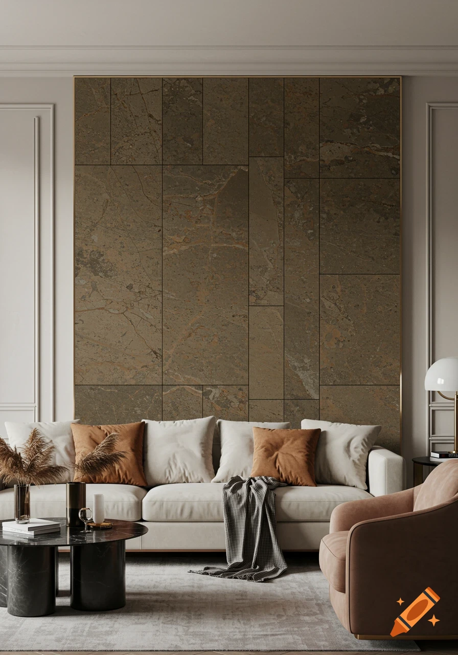 A modern living room with a large stone veneer feature wall, a light-colored sofa, marble coffee table, and armchair.